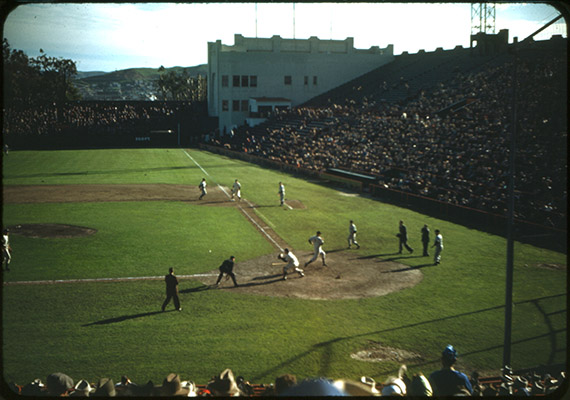 A baseball game at Seals Stadium